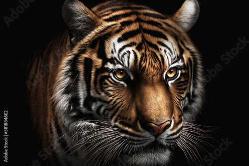 Fotobehang tiger face on black background. Generative AI