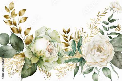 watercolor floral pattern with green and gold leaves wedding invitation Generative AI