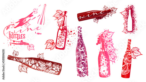 Wine bottles - hand drawn bottles. Art for menu, shop, market or sale. Wine bottles with wine stains. Sketchy collection of grape leaves and different wine elements.