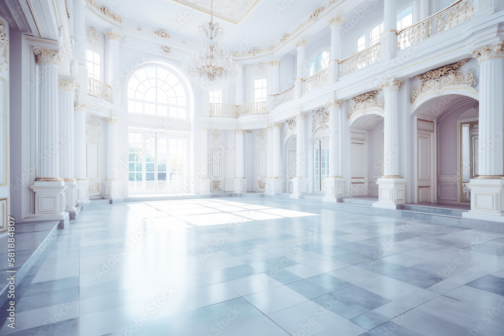 White light spacious airy mansion interior design, classical, pillars, window, elegant. Generative AI