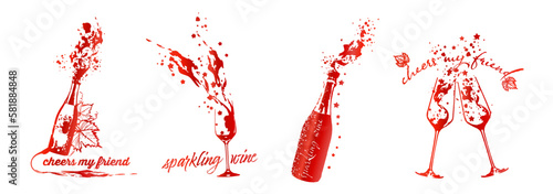 Wine tasting - hand drawn line art of bottles and glasses. Cheers.  Art for menu, shop, market or sale. Wine bottles with wine stains. Sketchy collection of grape leaves and different wine elements.