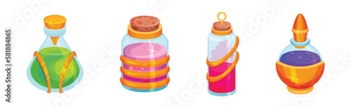 Corked Glass Jars with Magic Liquid Potion Vector Set