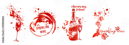 Wine tasting - hand drawn line art of bottles and glasses. Cheers.  Art for menu, shop, market or sale. Wine bottles with wine stains. Sketchy collection of grape leaves and different wine elements.