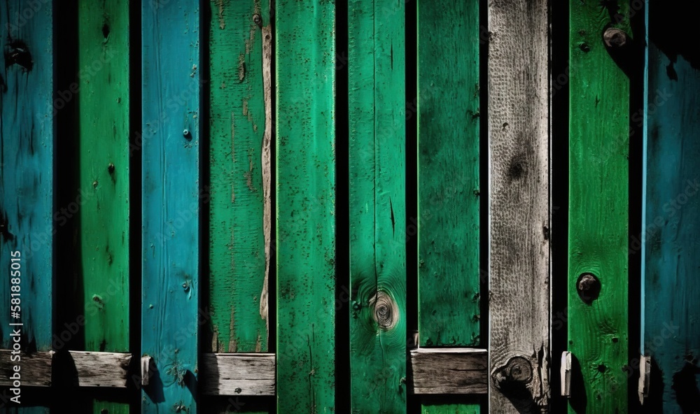 a wooden fence with green paint and a wooden bench in front of the fence is a dark background with only one piece of the fence visible. generative ai a wooden fence with green paint and a wooden bench in front of the fence is a dark background with only one piece of the fence visible. generative ai