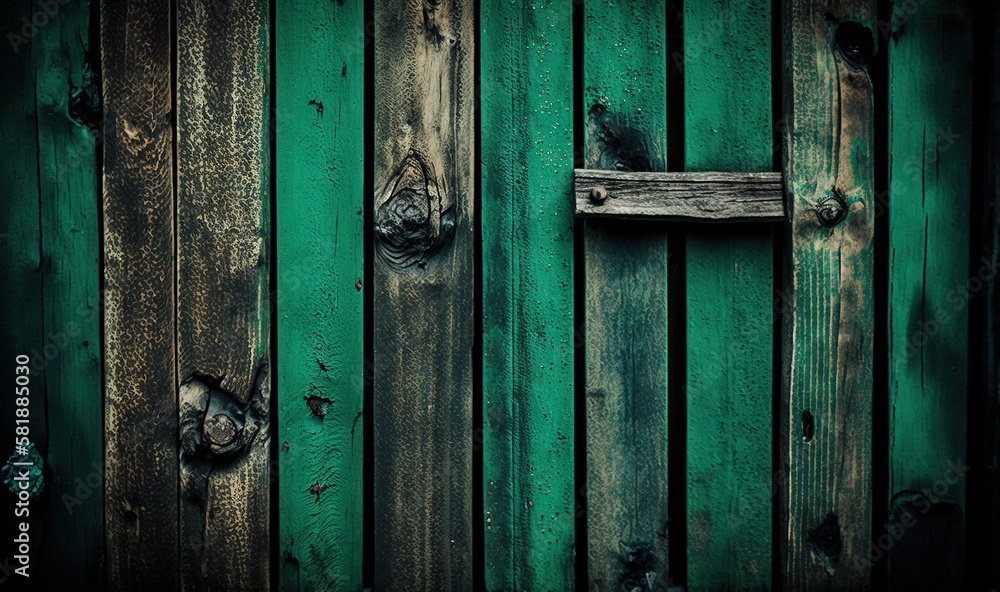  a green door with a wooden handle on a wooden wall with peeling paint on the door and a wooden door handle on the side of the door.  generative ai
