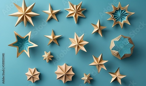  a group of paper stars on a blue background with a blue background and a few smaller ones in the middle of the image  all of which are folded up and down.  generative ai