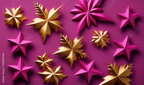  a bunch of pink and gold stars on a purple surface with a purple background and a purple background with a pink background and a gold star. generative ai