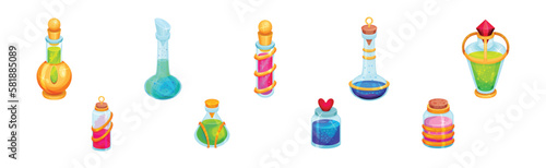 Corked Glass Jars with Magic Liquid Potion Vector Set