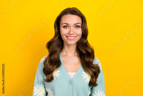 Photo of satisfied lovely lady beaming toothy smile curly hairstyle isolated on pink color background