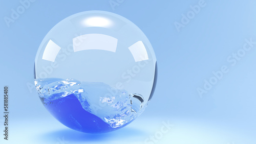 Abstract water waves in white glass circle on blue background.,3d rendering