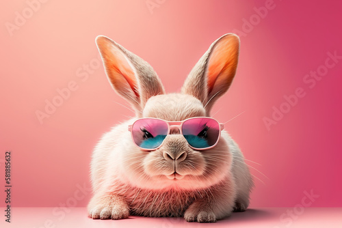 Funny fluffy bunny in sunglasses on a pink background. Cute rabbit with long ears looks at the camera through fancy colorful sunglasses. Generative Ai.