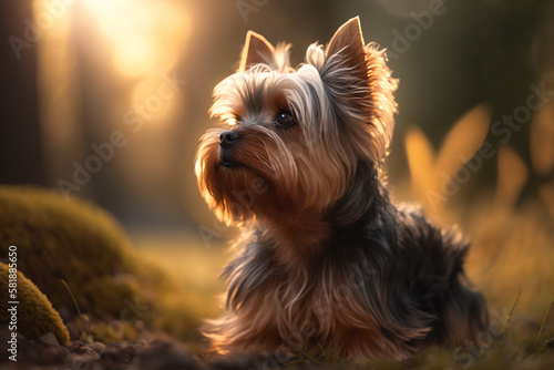 Realistic illustration of a cute Yorkshire Terrier at sunset. Portrait of a small ornamental companion dog on a blurry background of nature. Generative Ai.