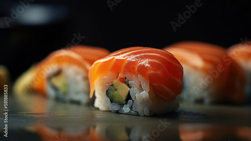 Sushi closeup in a restaurant on a dark background. AI