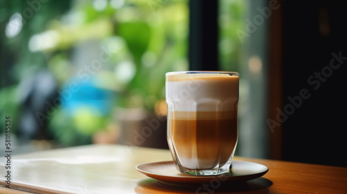 Layered coffee latte macchiato in a see through glass cup. AI photo