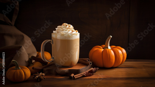 Pumpkin spice latte in a glass mug. AI