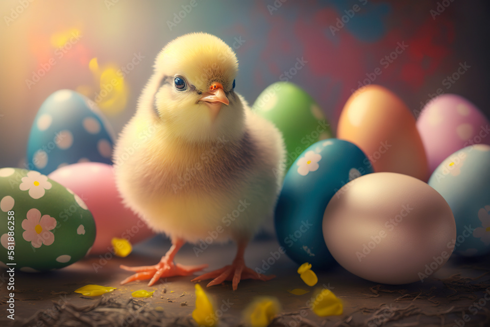 Cute yellow chick and colorful Easter eggs. Easter composition. Little baby chicken and dyed decorated eggs. Generative Ai.