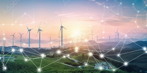 An Eco-Friendly Vision of Urban Innovation: Cityscape Embracing Sustainable Wind Energy Through Connected Lines and Windmills photo