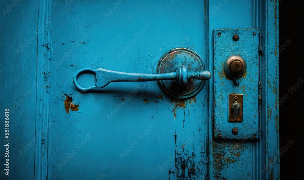 a blue door with a metal handle and a key on the door handle and a padlock on the door handle and the door knob. generative ai a blue door with a metal handle and a key on the door handle and a padlock on the door handle and the door knob. generative ai