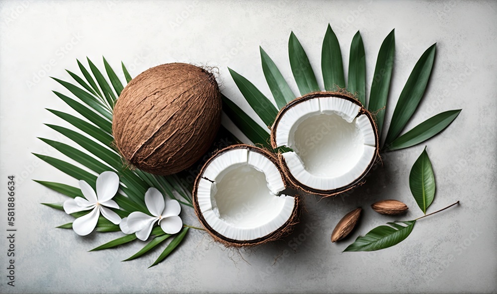 a couple of coconuts sitting on top of a table next to a leaf and flower on top of a white tablecloth with a green leaf. generative ai a couple of coconuts sitting on top of a table next to a leaf and flower on top of a white tablecloth with a green leaf. generative ai