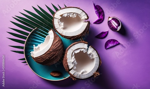  a purple plate topped with a cut in half coconut next to a purple flower and a green leaf on a purple surface with a purple background.  generative ai