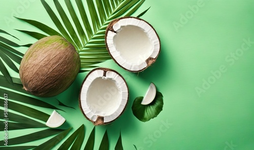  two halves of a coconut and a half of a coconut on a green background with a palm leaf and a cut in half coconut on a green background.  generative ai