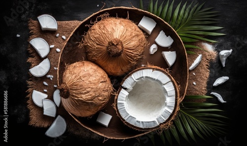  coconuts and coconut oil on a black background with palm leaves and coconut oil in a bowl on a table top view from above stock photo. generative ai