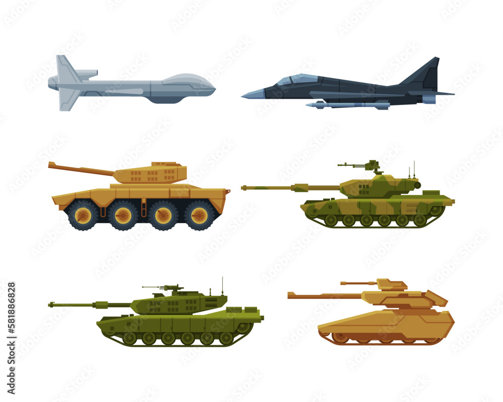 Fototapeta premium Aircraft and Tank as Military Vehicle or Transport Equipment Vector Set