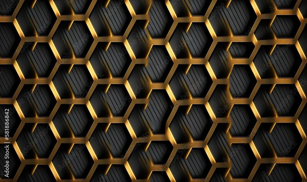 a black and gold hexagonal background with a pattern of hexagons in the center of the image and a gold stripe in the middle of the hexagonal hexagon. generative ai a black and gold hexagonal background with a pattern of hexagons in the center of the image and a gold stripe in the middle of the hexagonal hexagon. generative ai
