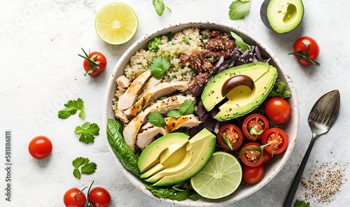 a bowl filled with rice, avocado, tomatoes, chicken, lettuce, and sliced avocados with a fork. generative ai
