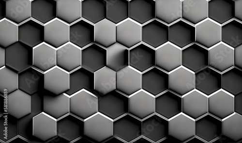  a black and white photo of a bunch of hexagons on a wall with a light shining on them in the center of the picture. generative ai