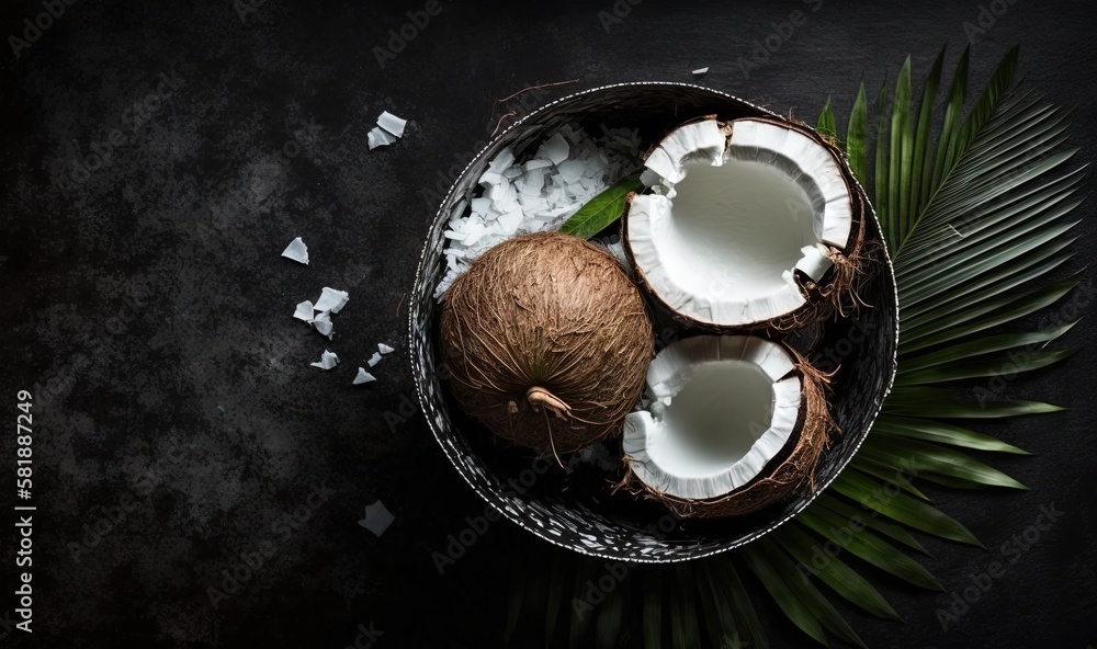 a bowl of coconuts with coconut leaves on a black background with a green palm leaf on the side of the bowl and coconuts on the side of the bowl. generative ai a bowl of coconuts with coconut leaves on a black background with a green palm leaf on the side of the bowl and coconuts on the side of the bowl. generative ai