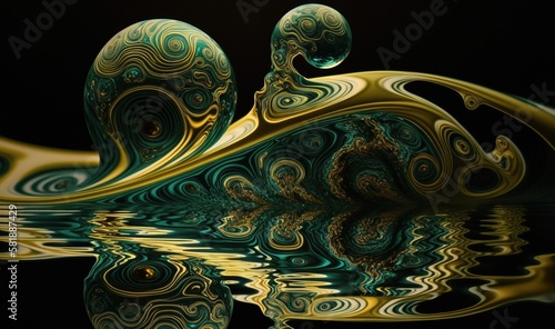  a green and gold swirly object floating on top of a body of water on a black background with a reflection of the object in the water. generative ai