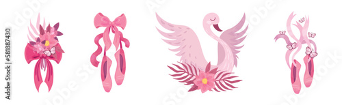 Ballet Accessories with Swan, Bow and Pointe-shoes Vector Set
