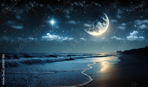 Fotografie, Obraz a night scene with a beach and the moon and stars in the sky above the water and the ocean waves on the shore of the beach
