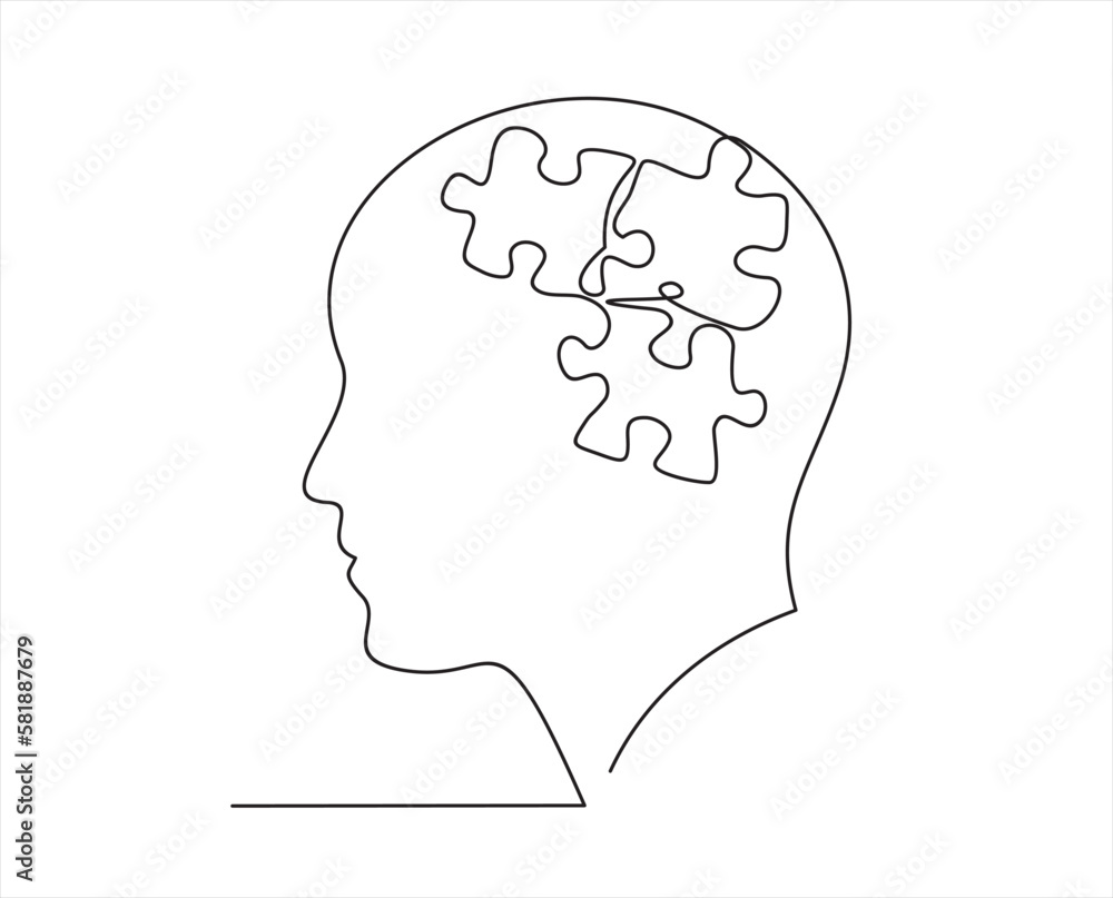 Head of a man with puzzle inside, drawn in one line on a white background. Order, mental balance, calm in thoughts. Logic and creative thinking. One-line drawing. Continuous line. Vector Head of a man with puzzle inside, drawn in one line on a white background. Order, mental balance, calm in thoughts. Logic and creative thinking. One-line drawing. Continuous line. Vector