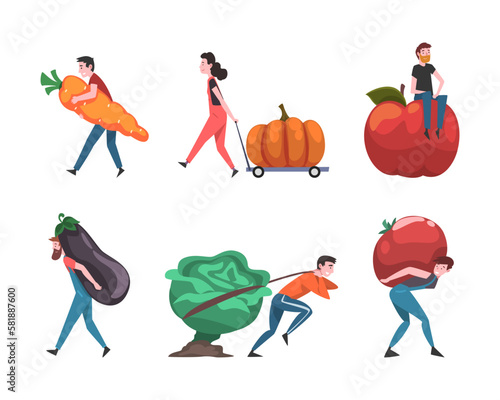 Man and Woman Carrying Huge Fruit and Vegetable Vector Set