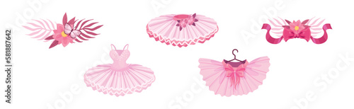 Ballet Accessories with Bow and Tutu Skirt Vector Set