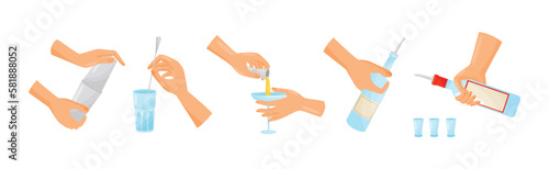 Bartender Hands Pouring and Mixing Cocktails in Glass Vector Set