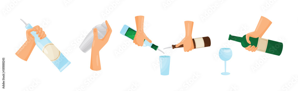 Bartender Hands Pouring and Mixing Cocktails in Glass Vector Set Bartender Hands Pouring and Mixing Cocktails in Glass Vector Set