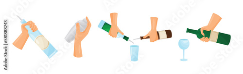 Bartender Hands Pouring and Mixing Cocktails in Glass Vector Set