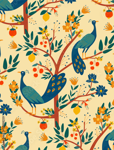 Peacocks on tree branches in fairy garden. Vector illustration card or poster.