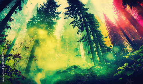  a forest filled with lots of tall trees covered in green and yellow smoke and mist rising out of the trees and into the air,. generative ai