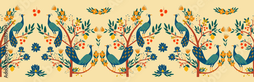 Peacocks in fancy garden seamless border pattern on light beige background