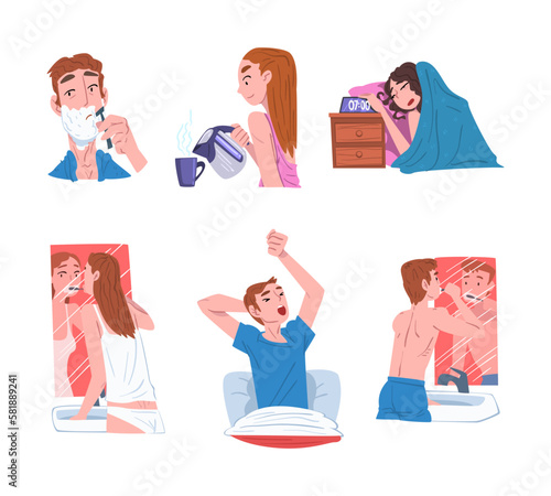 Young Man and Woman Engaged in Daily Routine Activity Vector Set