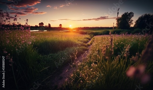  the sun is setting over a field of grass and flowers with a path leading to the water in the foreground and trees in the background. generative ai