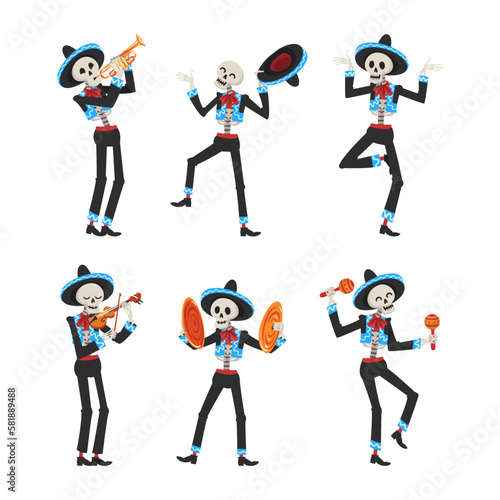 Obraz na plátně Mexican Skeleton in Sombrero Hat Playing Musical Instrument and Dancing Vector S