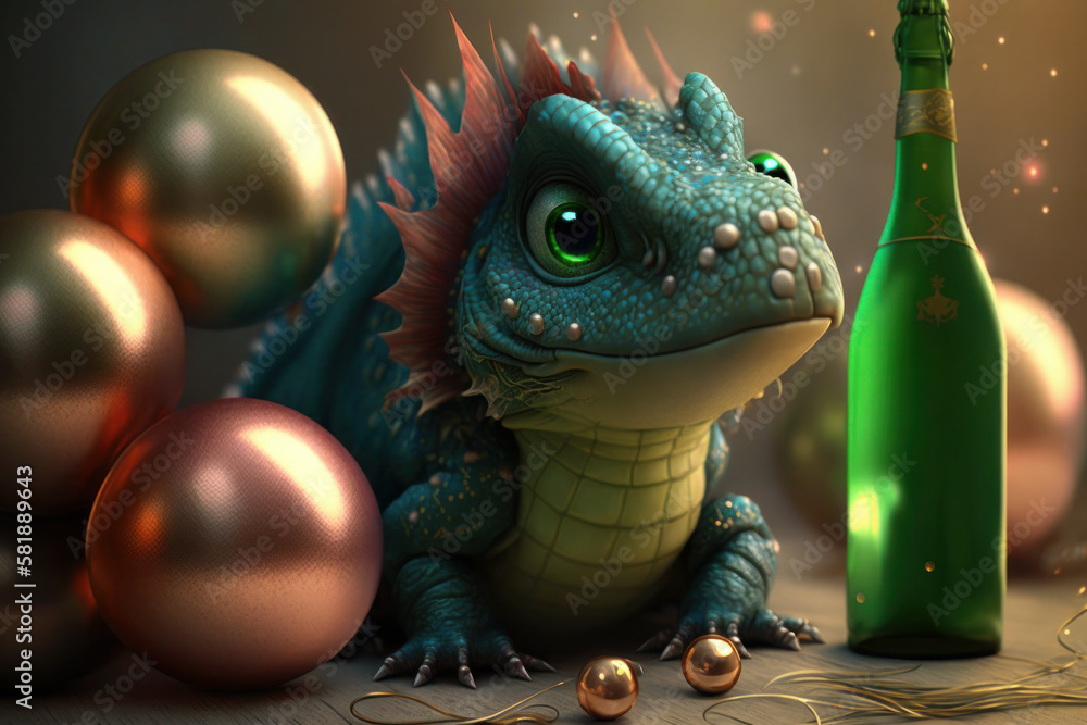 a small, cute green dragon is celebrating with a glass of champagne. happy New Year. AI Generative