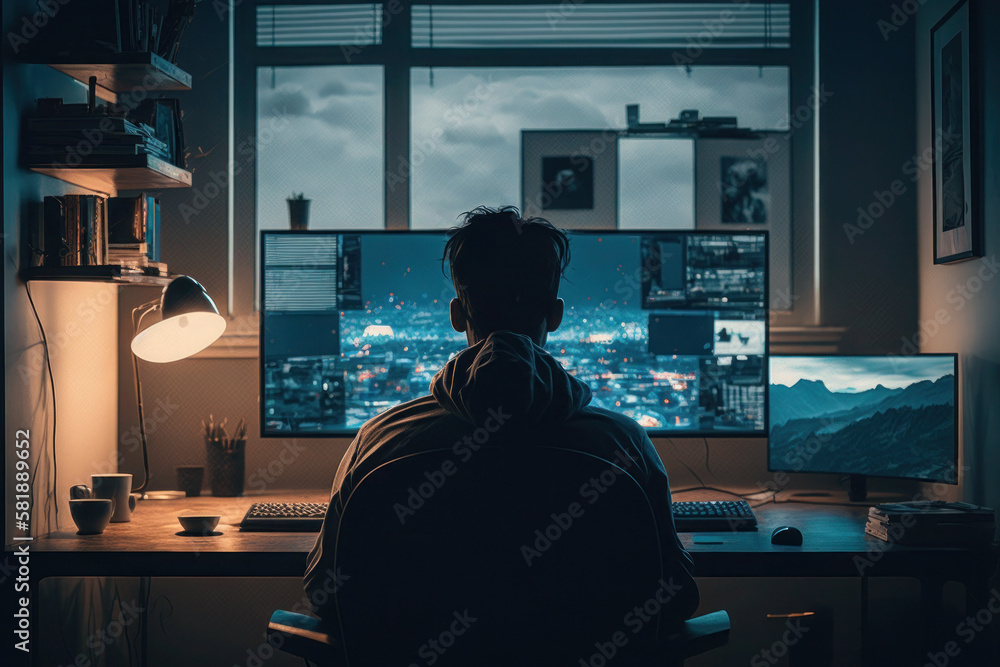 The freelancer works at home at the computer. View from the back, from the back. A man plays computer games. AI Generative The freelancer works at home at the computer. View from the back, from the back. A man plays computer games. AI Generative