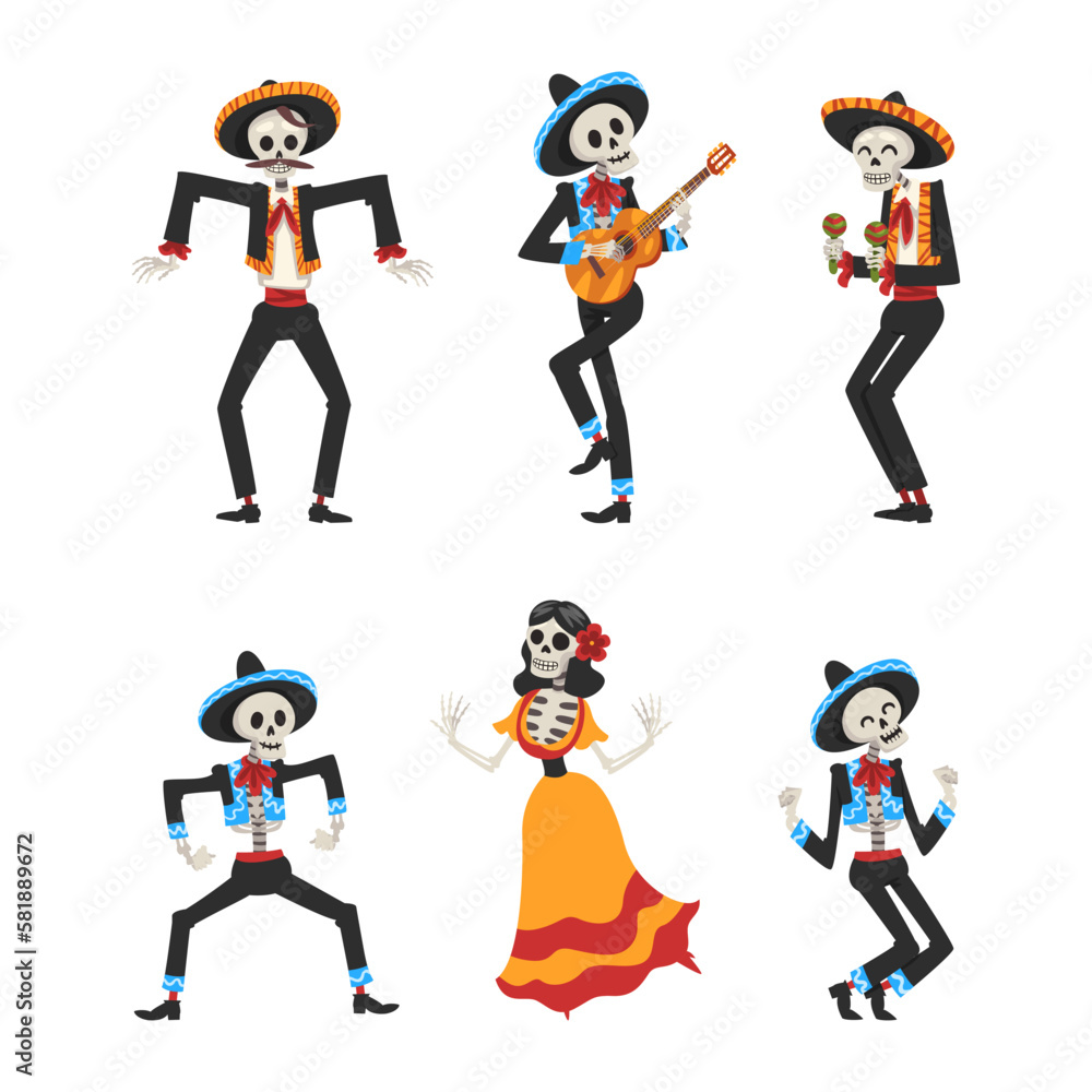 Fototapeta premium Mexican Skeleton in Sombrero Hat Playing Musical Instrument and Dancing Vector Set
