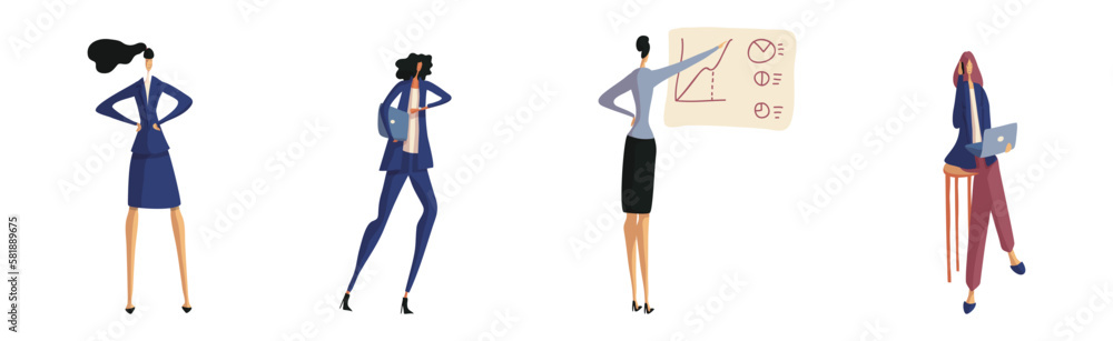Business Woman Character and Office Employee Standing, Sitting at Laptop and Showing Presentation Vector Set Business Woman Character and Office Employee Standing, Sitting at Laptop and Showing Presentation Vector Set
